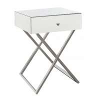 One drawer mirror side table with "X" shape metal base in silver coating